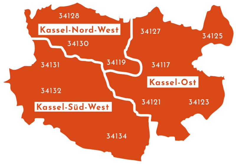 Grafische Karte von Kassel unterteilt in drei Bereiche und mit Postleitzahlen versehen