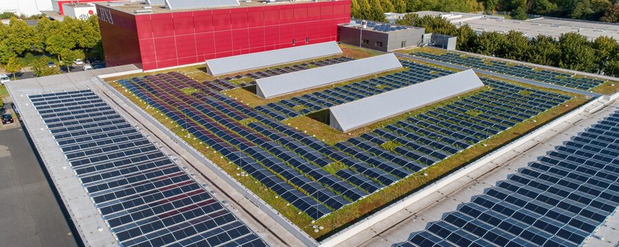 Großes Dach eines Firmengebäudes mit vielen Solarmodulen