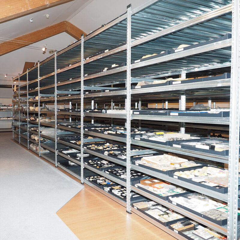 Ein Blick auf Regale der geowissenschaftlichen Sammlung in denen das Sammlungsgut aufbewahrt wird.