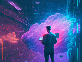 Mann mit Laptop vor futuristischem Hintergrund