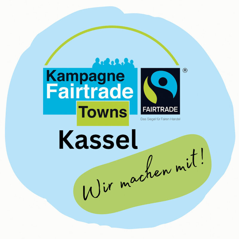 Bild eines Stickers mit der Aufschrift "Kampagne Fairtrade Towns Kassel. Wir machen mit"