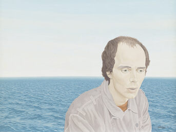 Gezeichneter Mann mit einem blauen Meer und blauem Himmel im Hintergrund