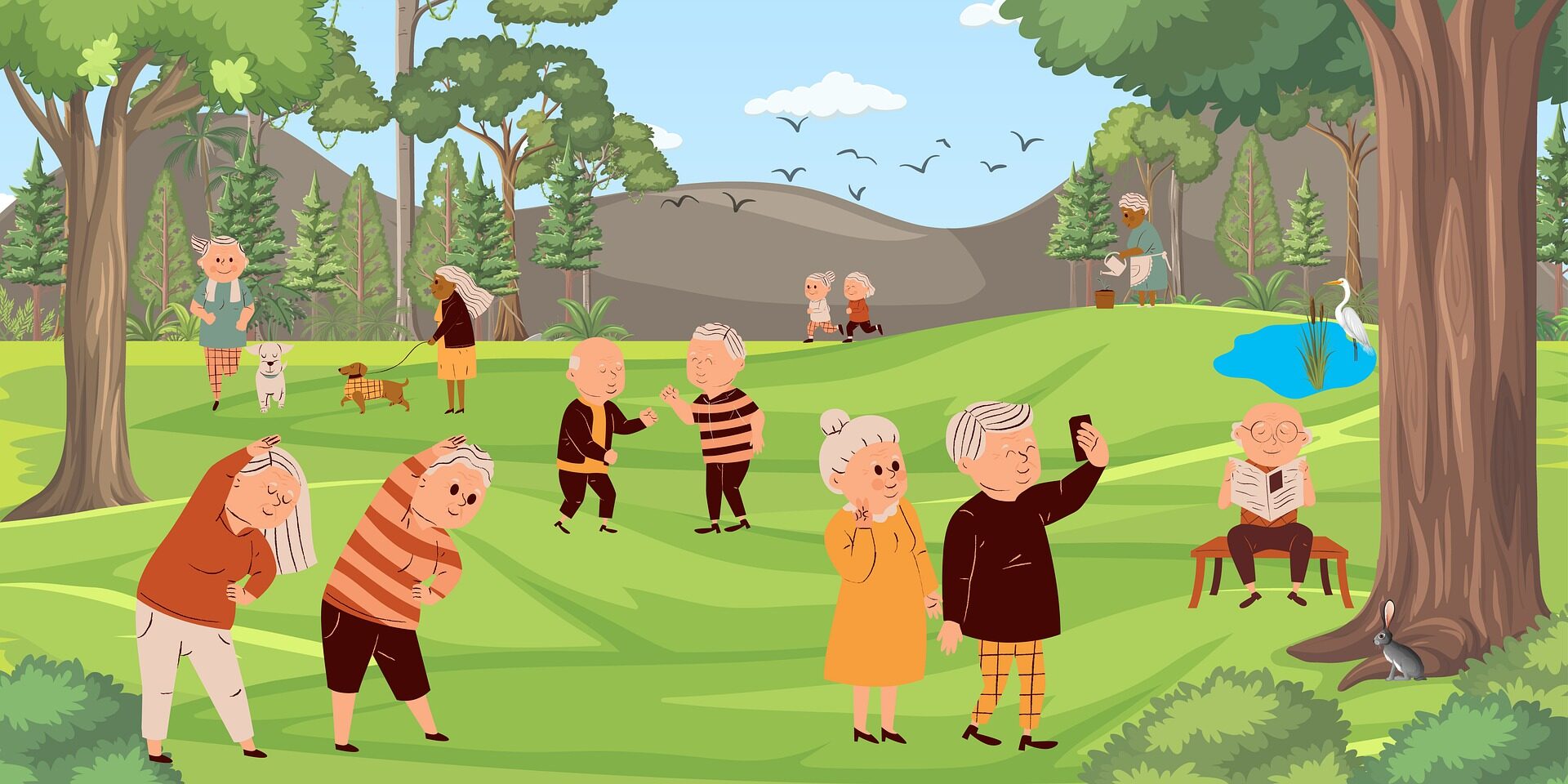 Zeichnung eines Parks mit älteren Menschen bei Freizeitaktivitäten.