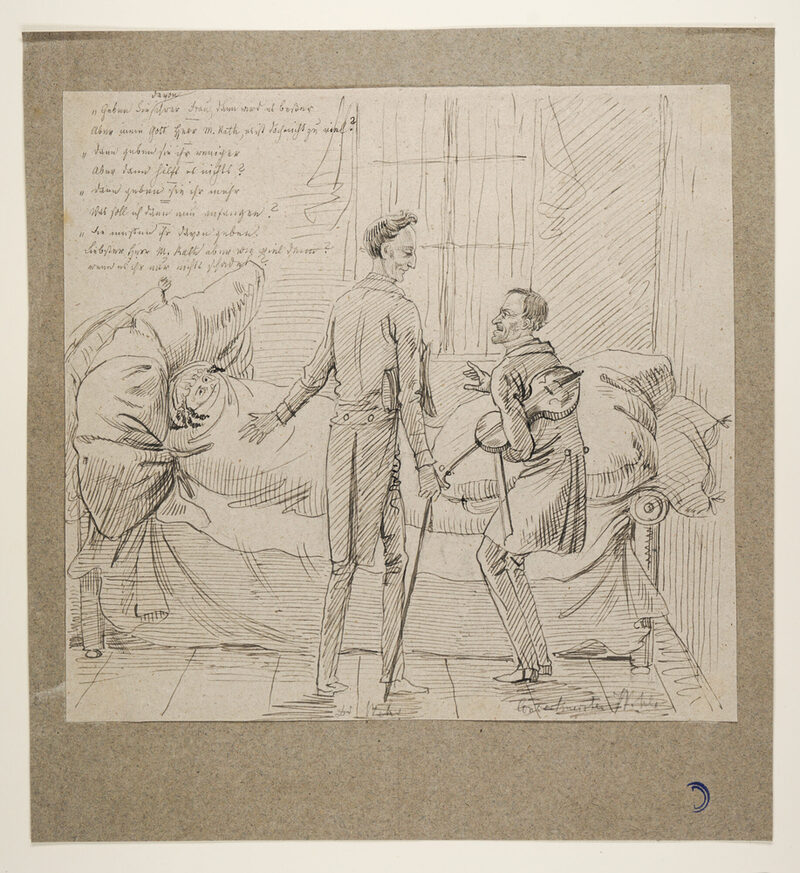 Zeichnung von Ludwig Emil Grimm zeigt Konzertmeister Adolf Wiele mit Dr. Wehr am Krankenbett seiner Frau