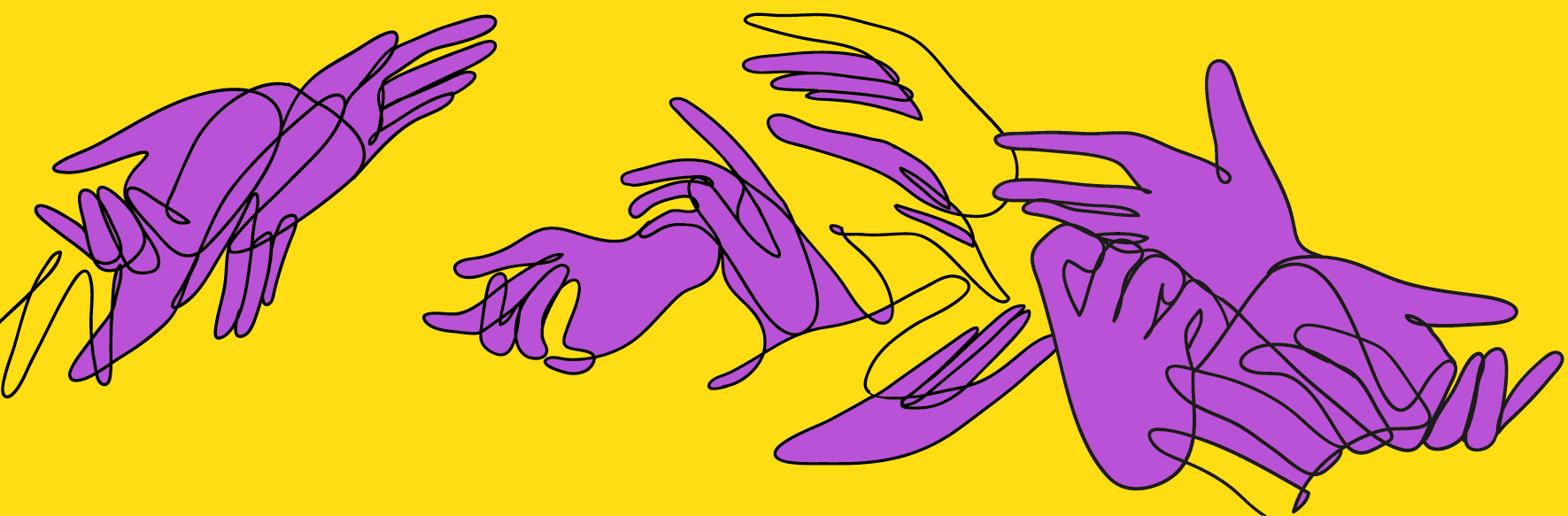 Stilisierte lila Hände auf gelbem Hintergrund