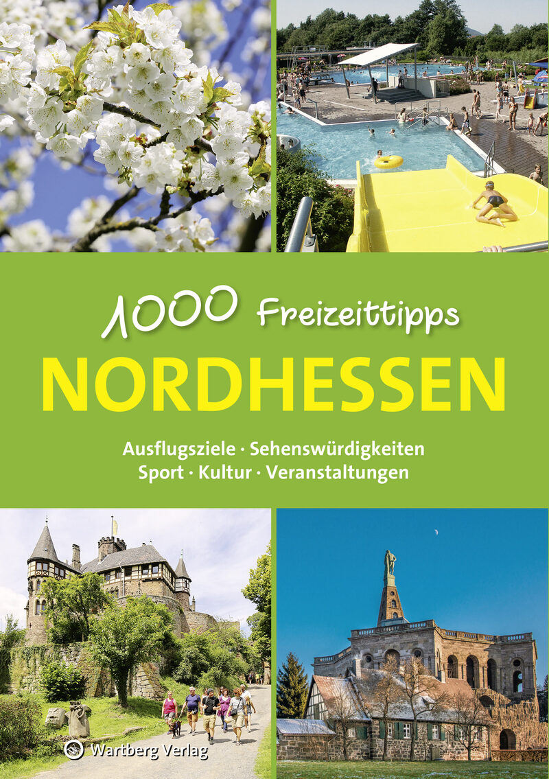 Buchcover mit Fotos von Herkules, Löwenburg, Schwimmbad und Blüten