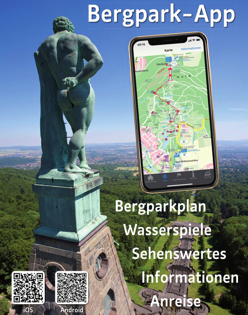 Herkules von Hinten und ein Handy mit der Bergpark-App auf dem Bildschirm.
