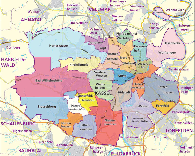 Stadtplan Kassel mit farbig hervorhobenen Stadtteilen