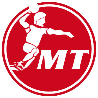 MT Melsungen Logo: Handballer im Wurf auf roten Hintergrund