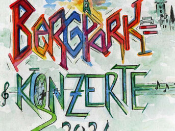 Schriftzug Bergpark-Konzerte auf einer bunten Karte