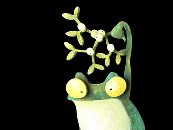 Gezeichneter Frosch, der einen Zweig mit Augen über seinen Kopf hält