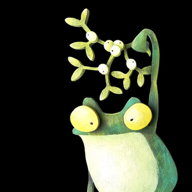Gezeichneter Frosch, der einen Zweig mit Augen über seinen Kopf hält