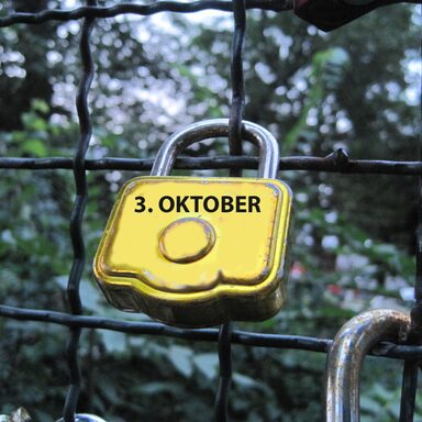 Vorhängeschloss mit der Aufschrift "3. Oktober" an einem Zaun