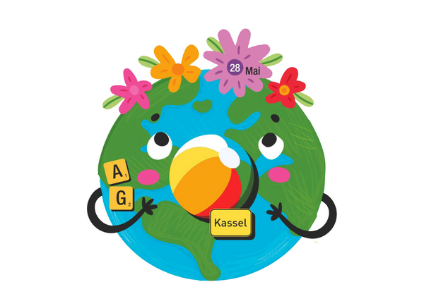 Logo Weltspieltag Kassel mit gezeichneter Erde