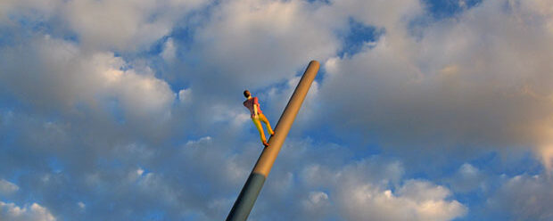 Seit 25 Jahren gehört er endgültig zum Himmel über Kassel: das documenta-Kunstwerk "Man Walking to the sky" des amerikanischen Künstlers Jonathan Borofsky - von den Kasselern "Himmelsstürmer" genannt - vor dem Kulturbahnhof.