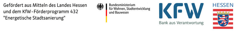 Logos des Bundesministerium für Wohnen, Stadtentwicklung und Bauwesen, der Kreditanstalt für Wiederaufbau sowie des Landes Hessen