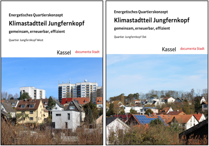 Es sind die zwei Titelblätter der energetischen Quartierskonzepte Jungfernkopf-Ost und Jungfernkopf-West zu sehen.