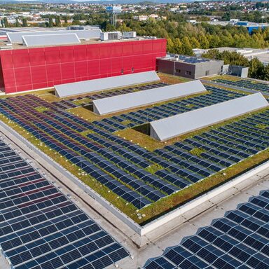 Großes Dach eines Firmengebäudes mit vielen Solarmodulen