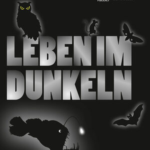 Plakat zur Sonderausstellung "Leben im Dunkeln" mit Anglerfisch, Eule, Fledermaus, Motte und Ratte.