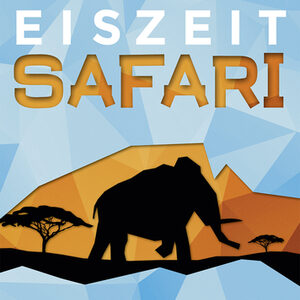 Plakat zur Sonderausstellung "Eiszeit-Safari" mit stilisierter Abbildung eines Mammuts in einer Steppe.