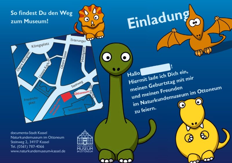Einladungskarte für Kindergeburtstage mit grafischer Darstellung von Dinosauriern.