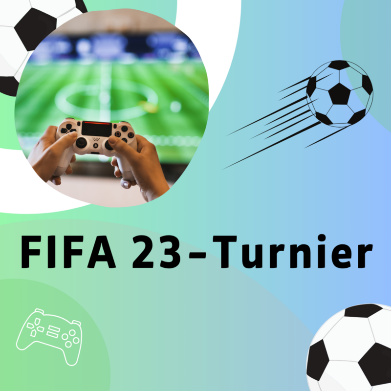 FIFA23 Turnier Hände mit Videospielcontroller und Fußbälle vor blaugrünem Hintergrund
