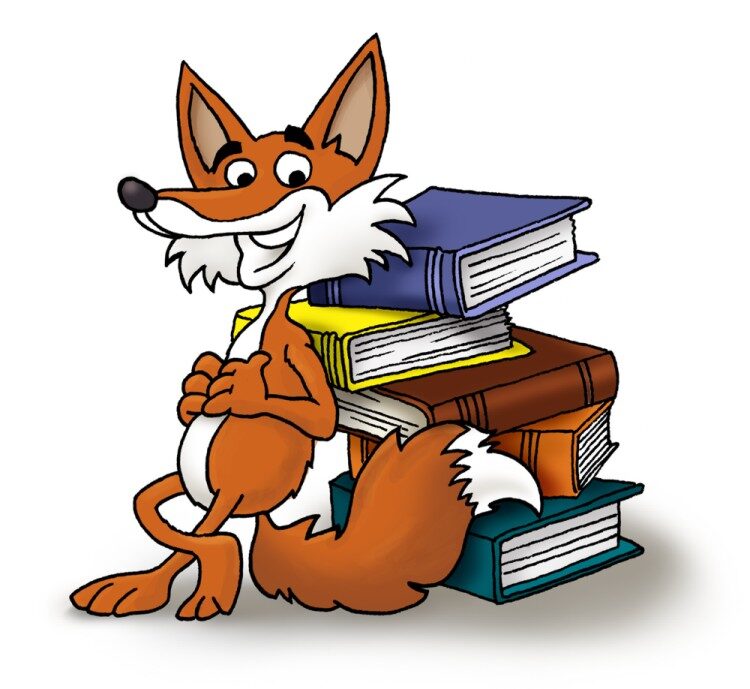 Fuchs lehnt sich an Bücherstapel