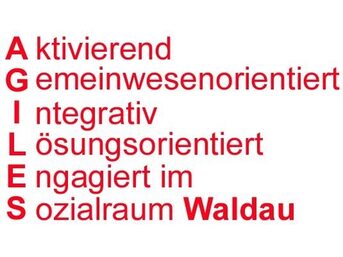 Logo von AGILES Waldau, weißer Hintergrund und rote Schrift, AGILES als Anfangsbuchstaben von "Aktivierend, Gemeinwesenorientiert, Integrativ, Lösungsorientiert, Engagiert im Sozialraum Waldau"