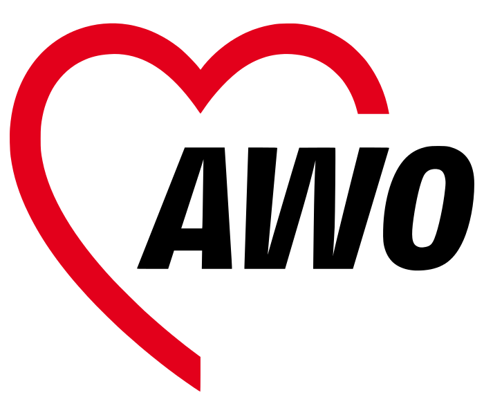 Das Logo der AWO, Schriftzug "AWO" und ein angedeutetes rotes Herz
