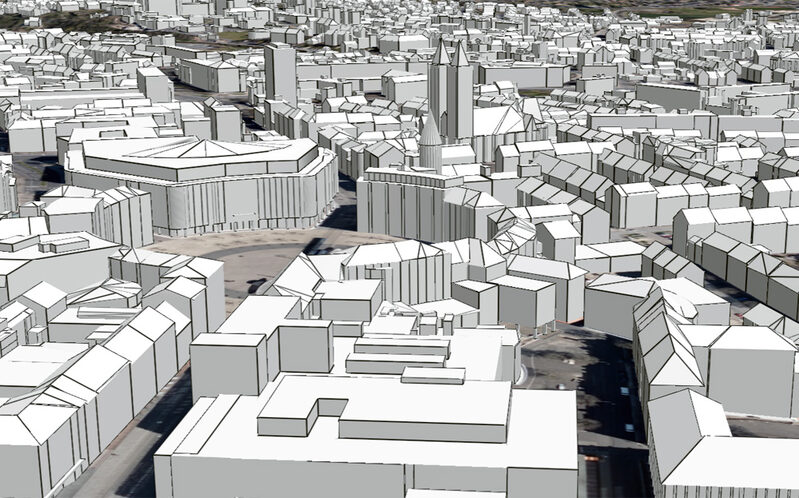 3D-Stadtmodell in der "Klötzchenmodell"-Ansicht