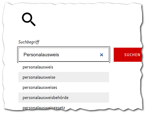 Screenshot der Suche mit dem Suchbegriff Personalausweis