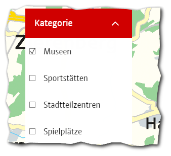 Screenshot der Kategorien auf dem Stadtplan: Museen, Sportstätten, Stadtteilzentren, Spielplätze
