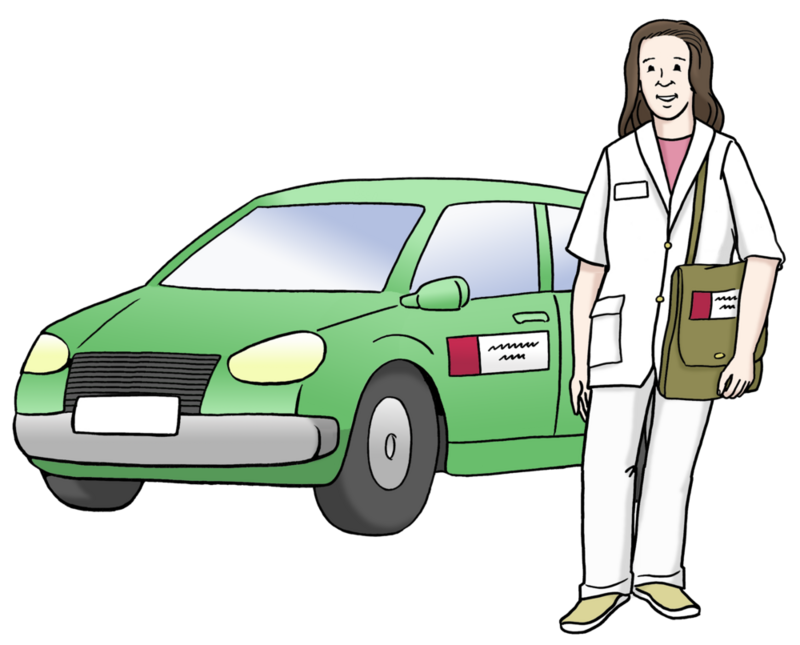 Symbolbild Gesundheit und Soziales: Eine Krankenschwester oder Ärztin steht vor einem Auto
