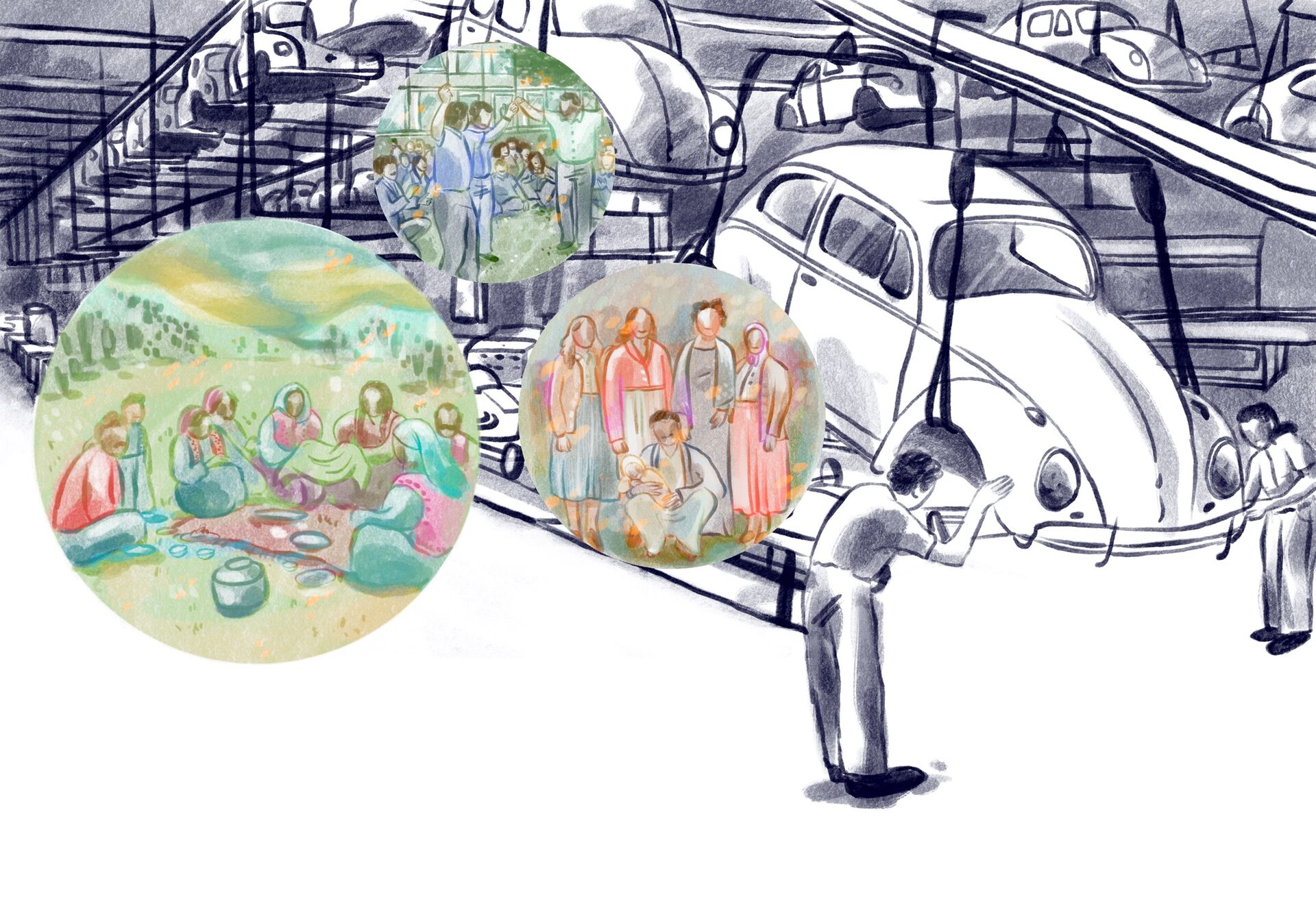 Zeichnung von einer Werkstatt mit Autos sowie Familie beim Picknick, beim Tanzen und stehend im Kreis.