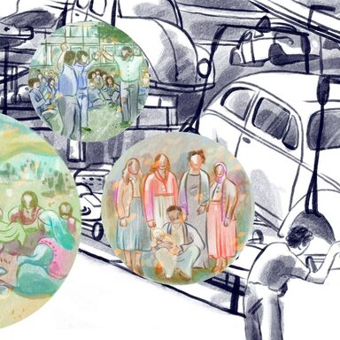 Zeichnung von einer Werkstatt mit Autos sowie Familie beim Picknick, beim Tanzen und stehend im Kreis.