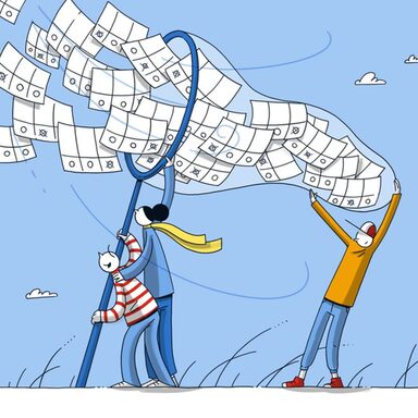 Zeichnung, in der mehrere Strichmännchen mit einem Netz in der Luft wirbelnde Wahlzettel einfangen