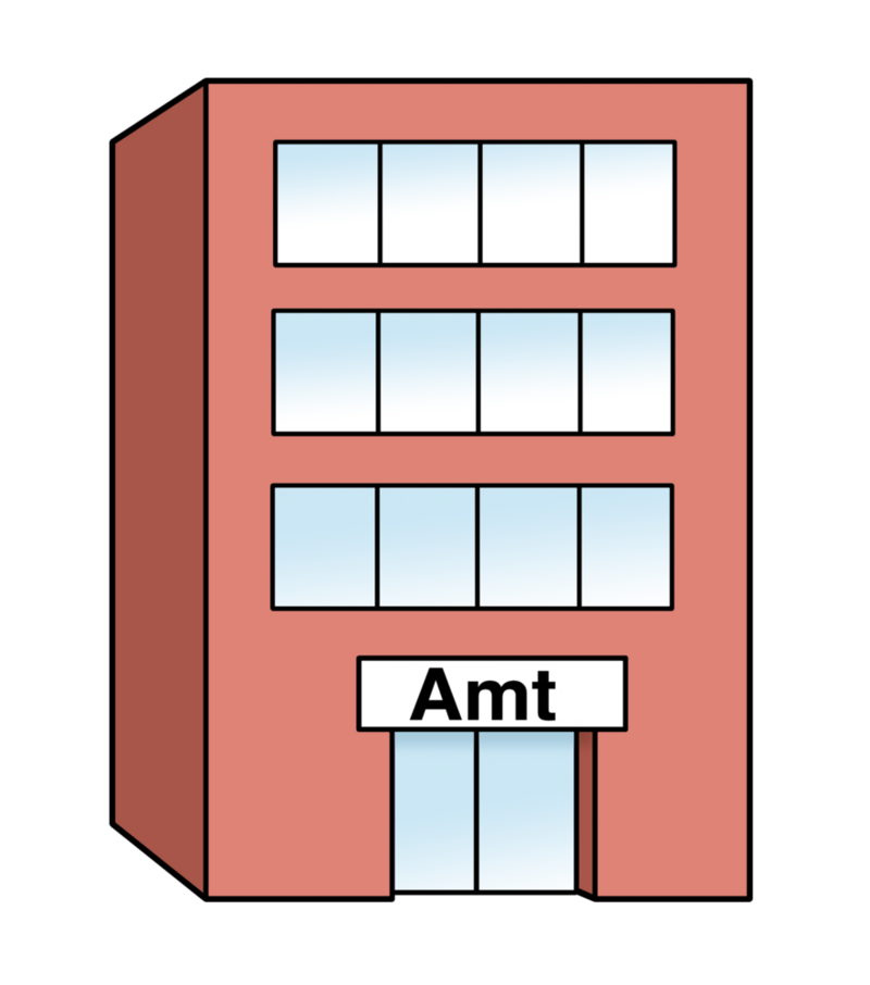 Zeichnung: Bürogebäude mit der Aufschrift "Amt"