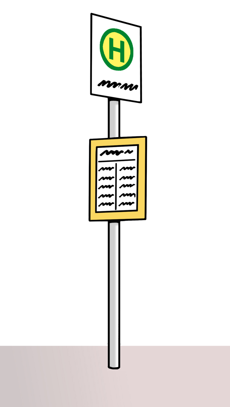 Zeichnung: Schild Haltestelle mit Tafel für Abfahrzeiten